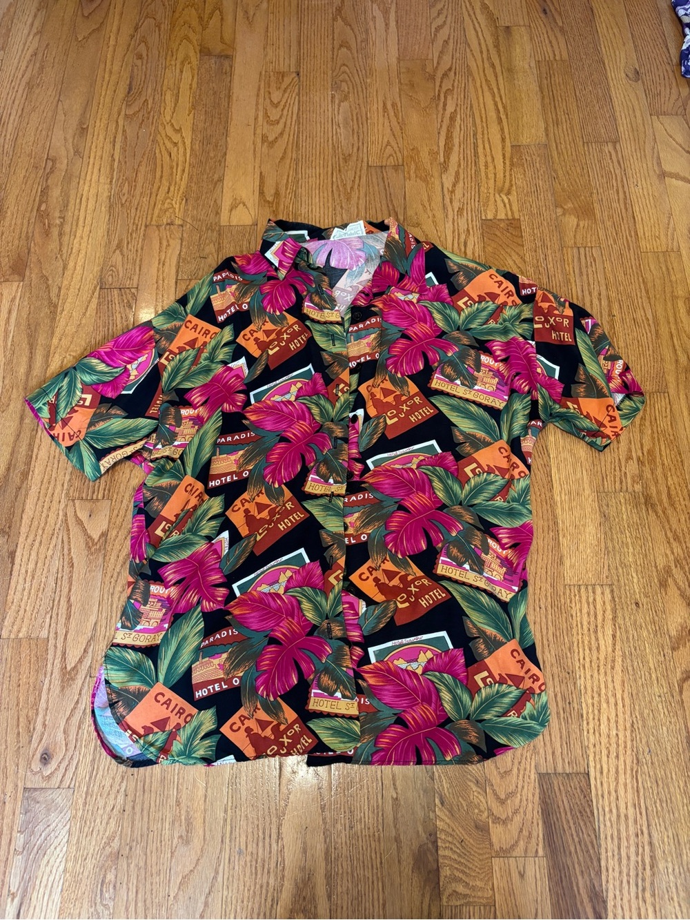 Men's Tropical Print Short-Sleeve Shirt - Black with Pink & Green Floral